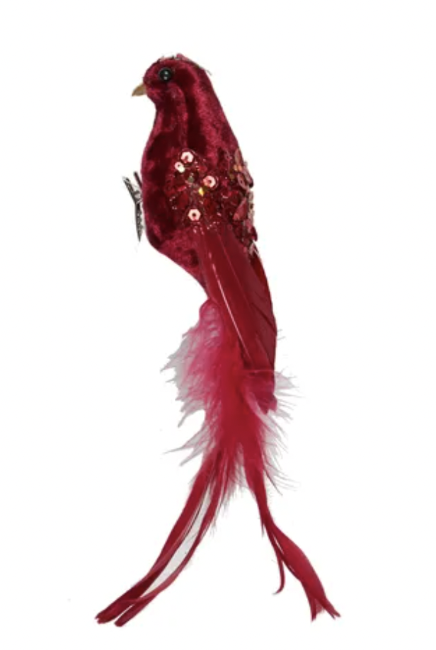 Sequin Bird w / Feather Red