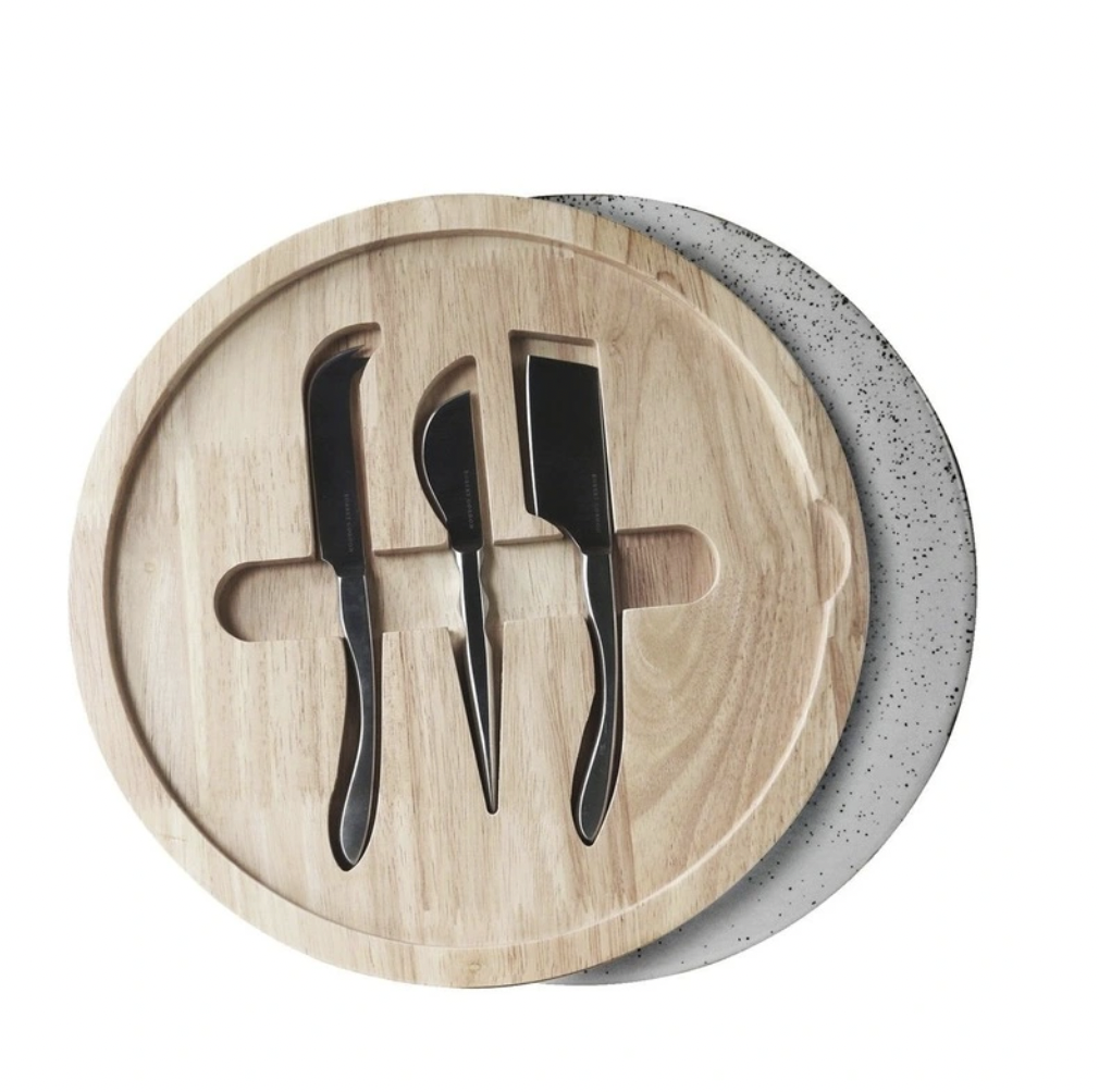 SERVING BOARD w/WHITE CERAMIC PLATE &amp; CHEESE KNIVES -  AGAINST THE GRAIN